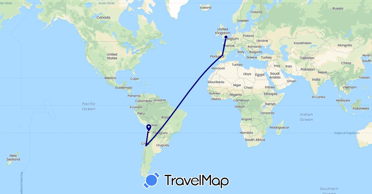 TravelMap itinerary: driving in Chile, Spain, United Kingdom (Europe, South America)